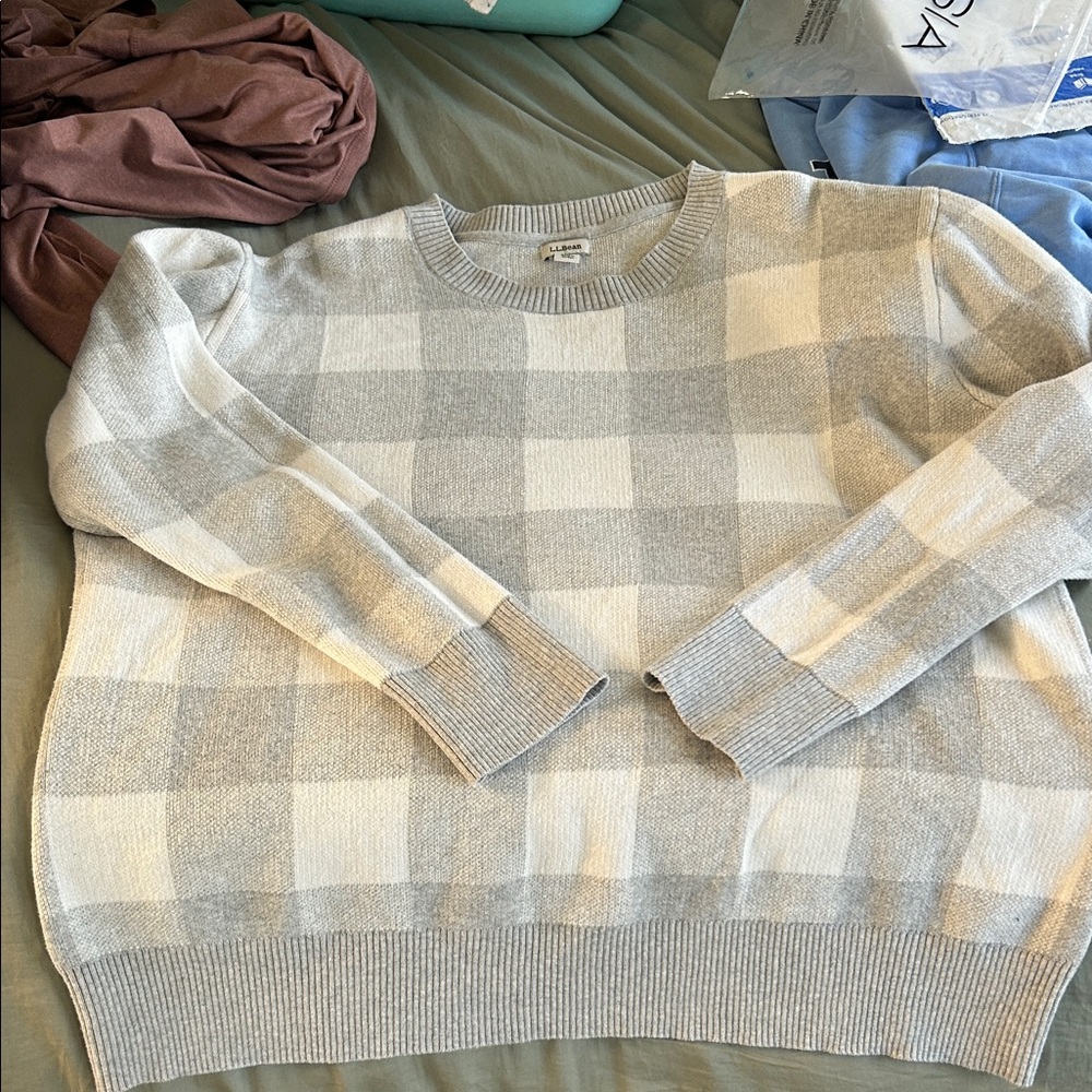 L.L. Bean Light Gray Plaid Crewneck Sweater